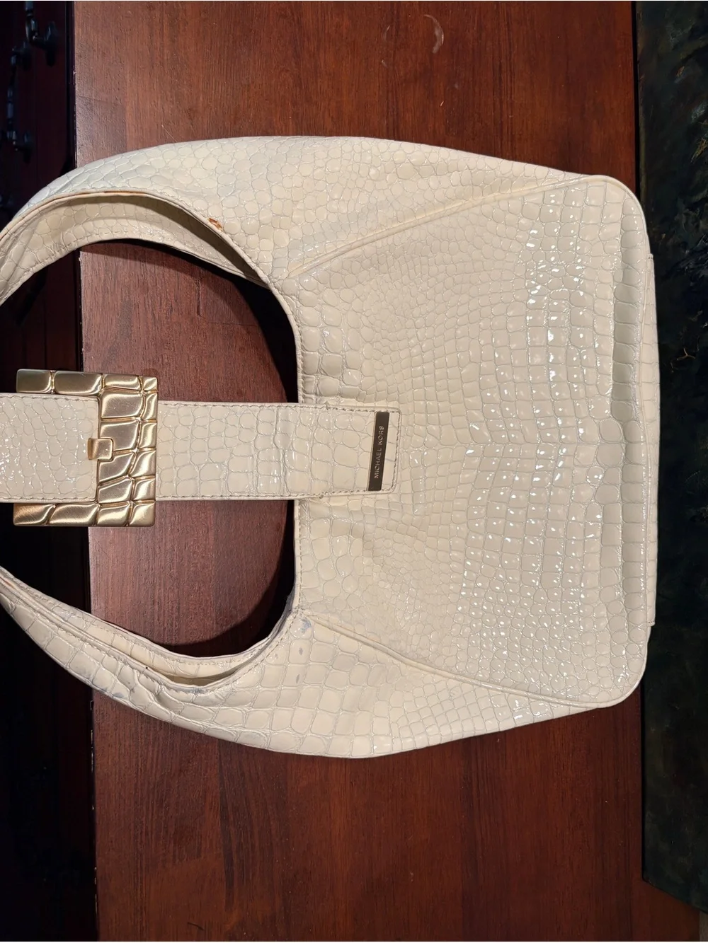 Michael Kors Cream Croc-Embossed Hobo with Gold Buckle
